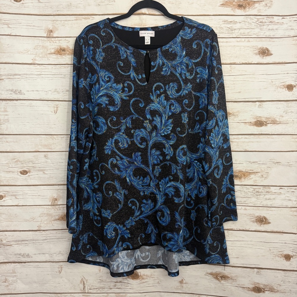 Susan Graver Black Blue Metallic Paisley Blouse Keyhole Tunic